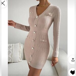 Tan Knit Button‎ Mini Sweater Dress